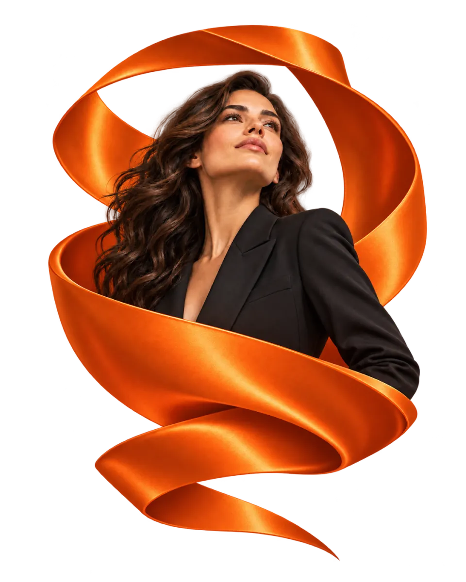 Confident business leader framed by a complete flowing orange ribbon